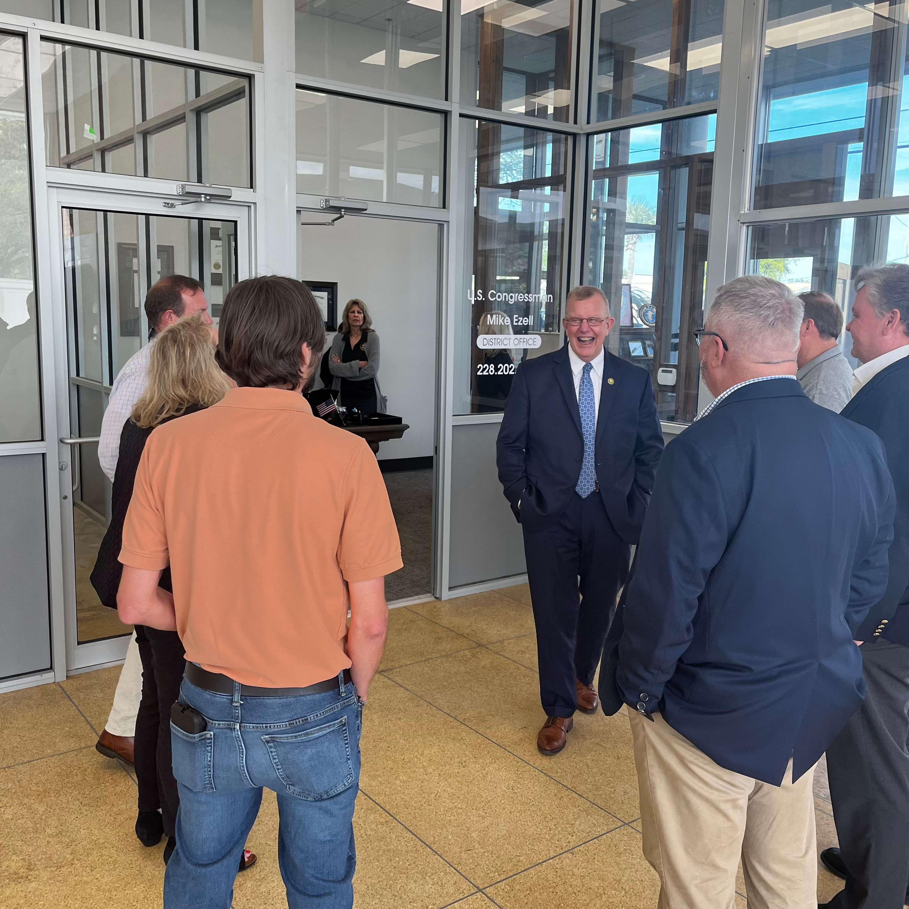 Congressman Mike Ezell visits with constituents outside his Pascagoula office