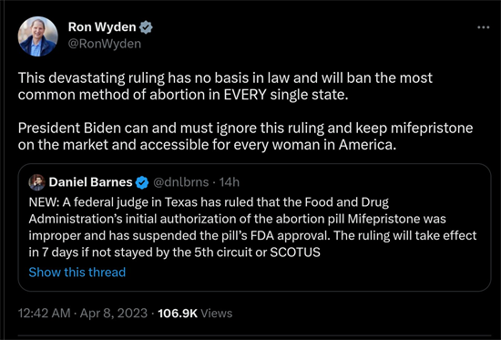 Ron Wyden Tweet on the FDA